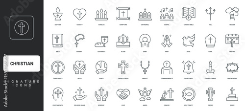 Dove and candles, worship thin black outline symbols vector illustration. Christian religion, prayer and love, faith in resurrection of Jesus Christ, church and holy Bible line icon set.