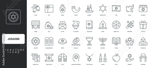 Challah and candles for Shabbat, Sukkot and Hanukkah thin black outline symbols vector illustration. Judaism, Jewish religion and holidays, synagogue and Torah book, menorah line icon set.