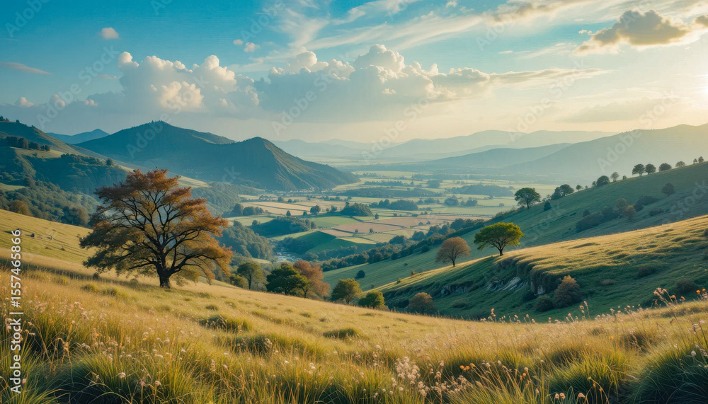 Fototapeta premium A picturesque landscape unfolds at sunset, showcasing rolling green hills, a valley dotted with farms, and solitary trees silhouetted against a vibrant sky. The scene is bathed in warm, golden light.