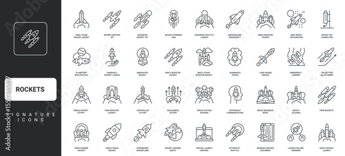 Aerospace exploration, spaceship start with fire, crash and fail thin black symbols vector illustration. Space rockets launch and flight, business startup and project booster line icon set.