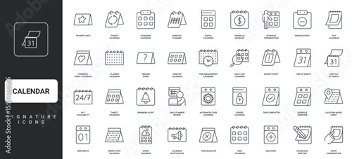 Date and circle arrows, clock and bell, lock and pencil on calendar sheet thin black symbols vector illustration. Calendar for time management, business appointment schedule line icon set.