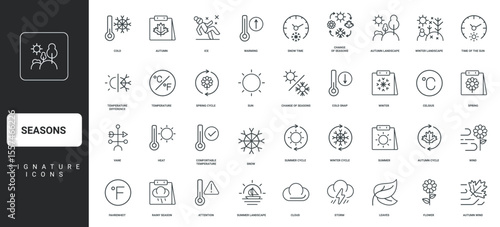 Calendar, landscape of summer and winter, spring and autumn, leaves thin black symbols vector illustration. Seasons, cycle of nature and weather, temperature, flower and snow line icon set.