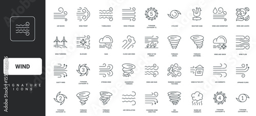 Meteorology elements, windmill turbines thin black symbols vector illustration. Wind weather, swirls of air flow and circulation, strong storm, tornado and typhoon types line icon set.