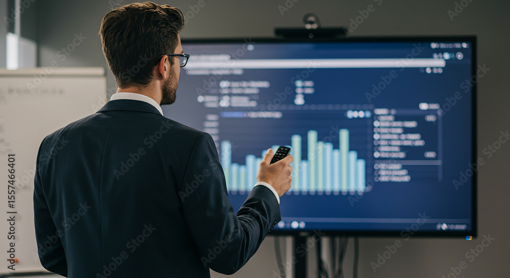 A confident businessman presenting data analytics on a large display demonstrating insights with a remote in a modern A confident businessman presenting data analytics on a large display demonstrating insights with a remote in a modern