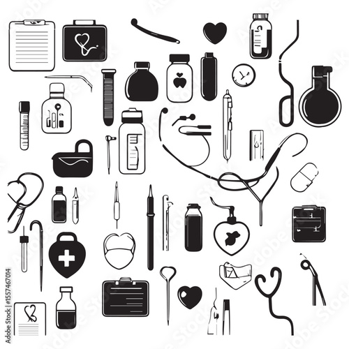 Medical and Healthcare Line Icons Set - Black and White Vector Illustration of Hospital Tools and Equipment