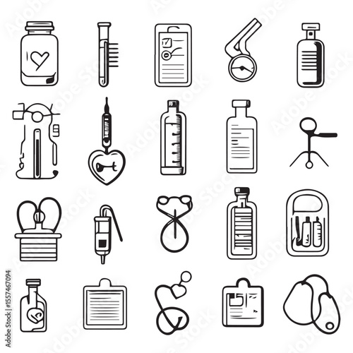 Medical and Healthcare Line Icons Set - Black and White Vector Illustration of Hospital Tools and Equipment