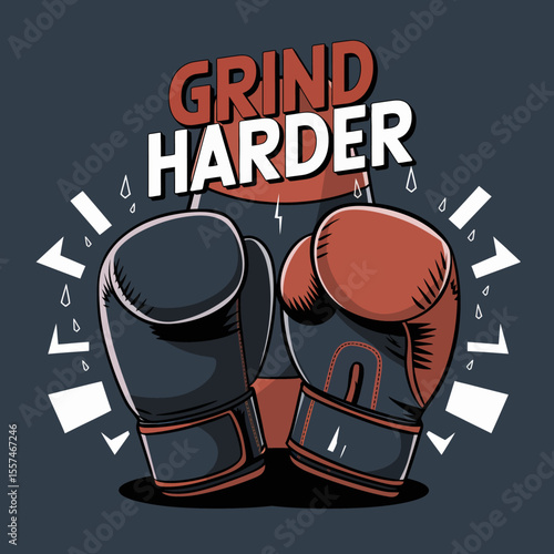Motivational illustration featuring a pair of boxing gloves with the words grind harder prominently displayed symbolizing determination and effort in sports and life