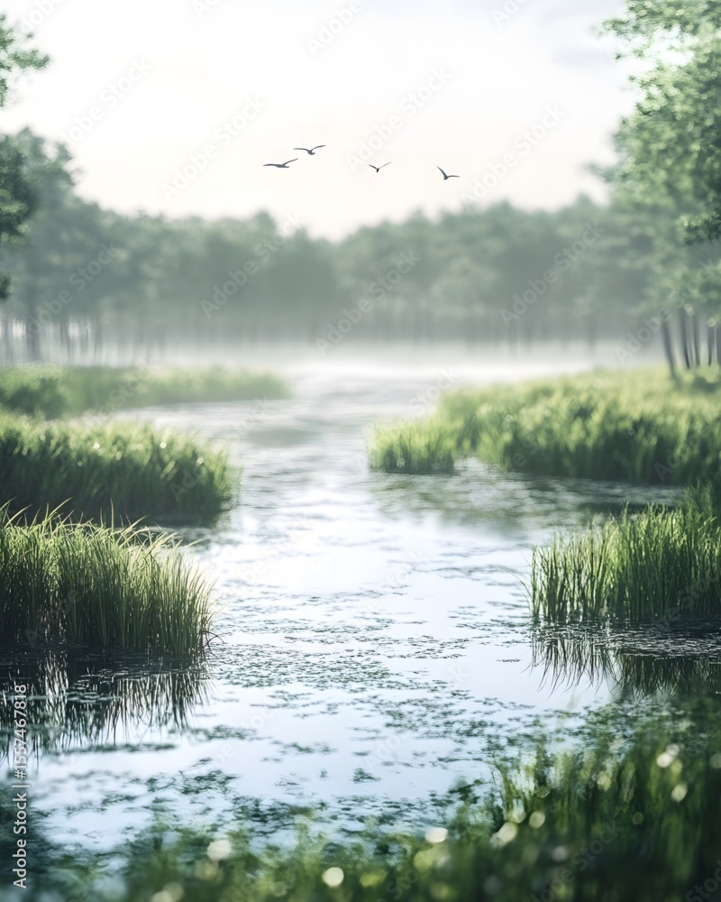 Fototapeta premium The wetland is lush with aquatic plants, the water surface glistens