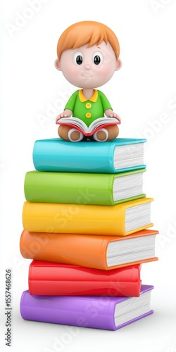 Cheerful Cartoon Boy Reading on Stack of Colorful Books