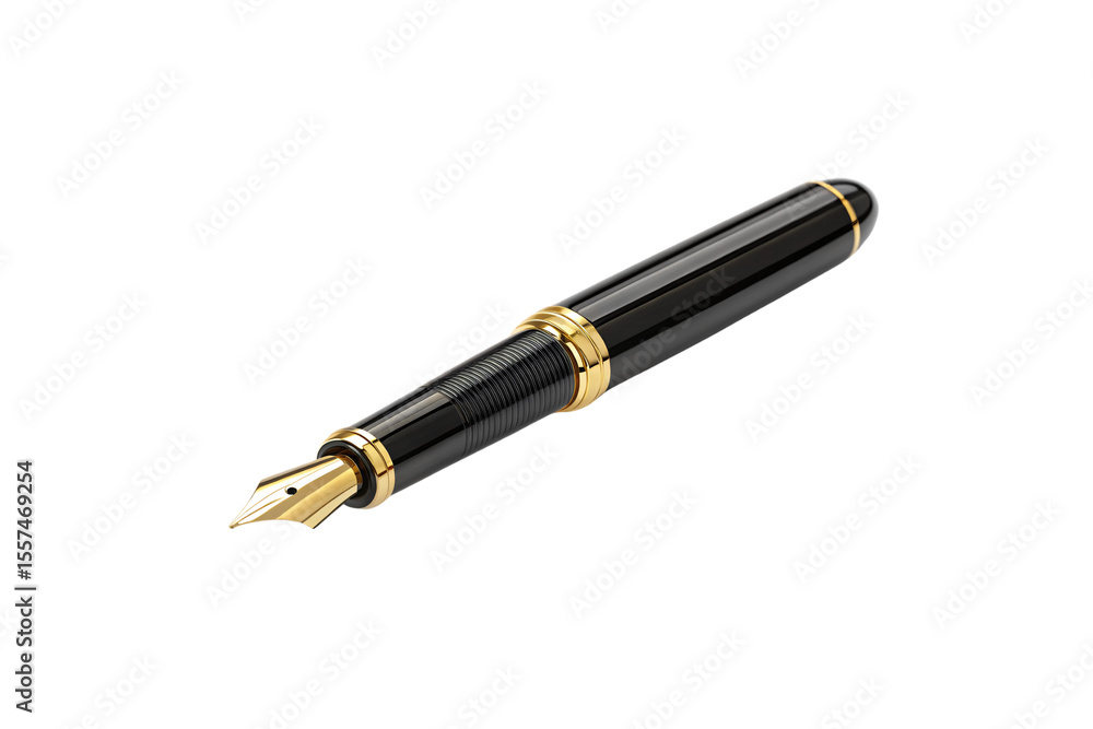 Elegant black fountain pen with gold trim accents and premium writing instrument craftsmanship quality, isolated on a transparent background Elegant black fountain pen with gold trim accents and premium writing instrument craftsmanship quality, isolated on a transparent background