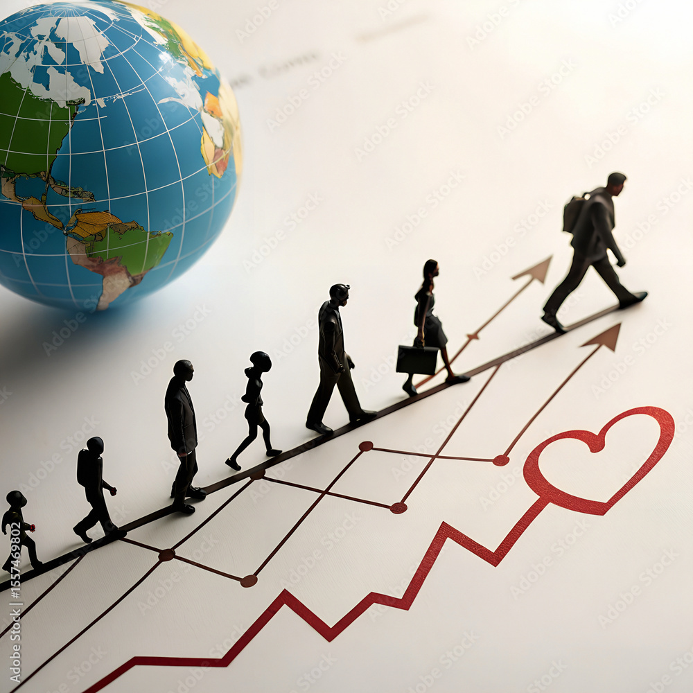 People figure walking up a rising graph line, globe nearby, symbolizing global progress and growth. People figure walking up a rising graph line, globe nearby, symbolizing global progress and growth.