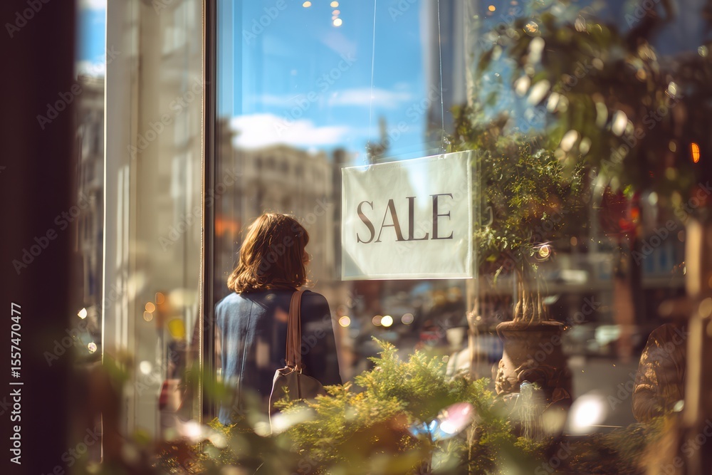 Obraz premium person from behind looking at shop window with blurred 