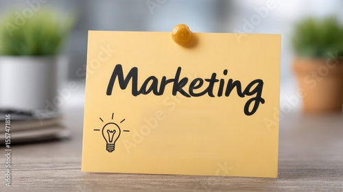 Closeup of handwritten marketing memo on sticky note office desk notepad content bright environment detailed view planning concept