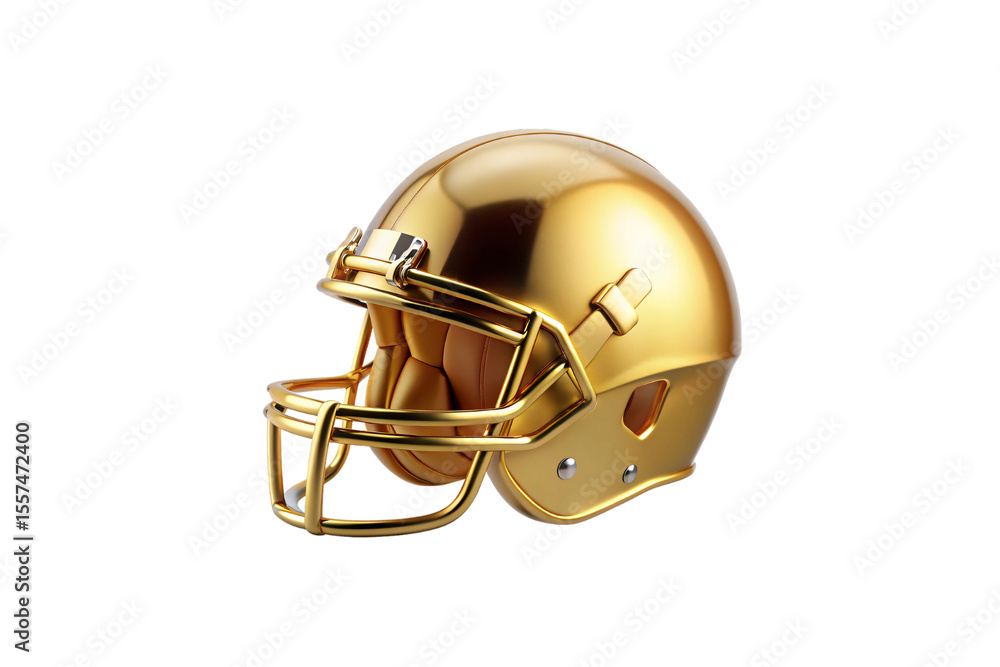 Fototapeta premium Golden football helmet with face mask and chin strap, professional sports equipment design, isolated on a transparent background