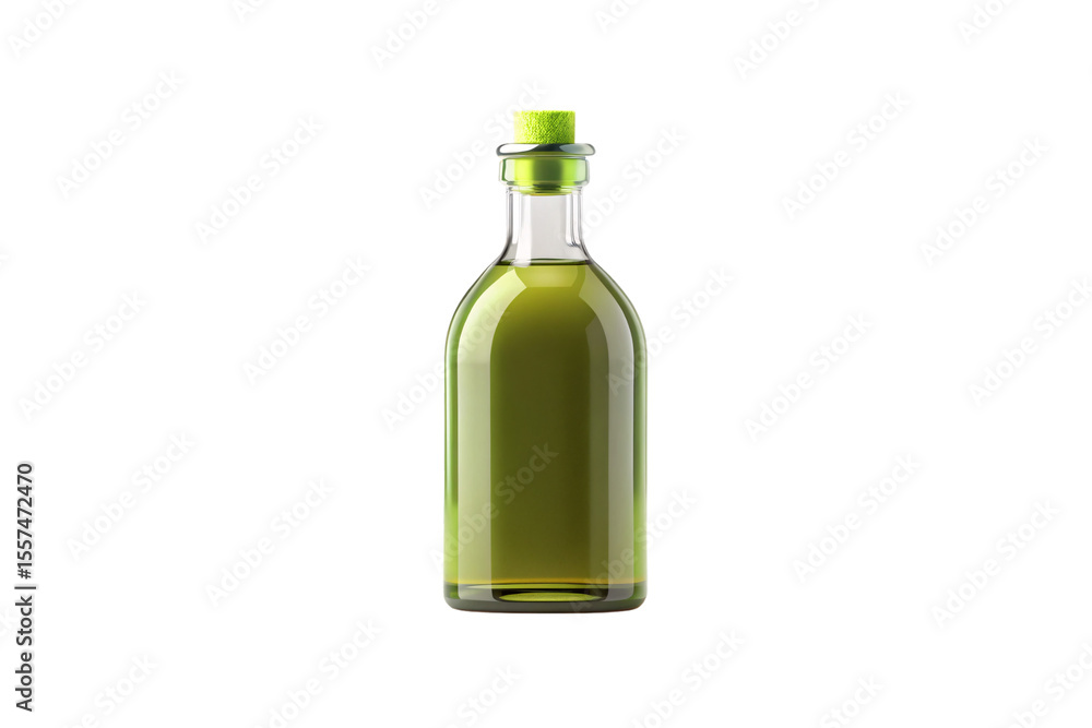 Green olive oil bottle with cork stopper and yellow-green liquid contents, isolated on a transparent background Green olive oil bottle with cork stopper and yellow-green liquid contents, isolated on a transparent background