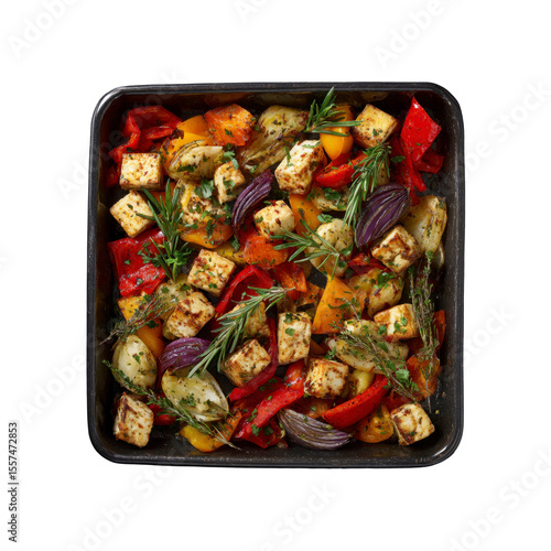 Roasted Halloumi with Colorful Peppers and Herbs in Baking Tray