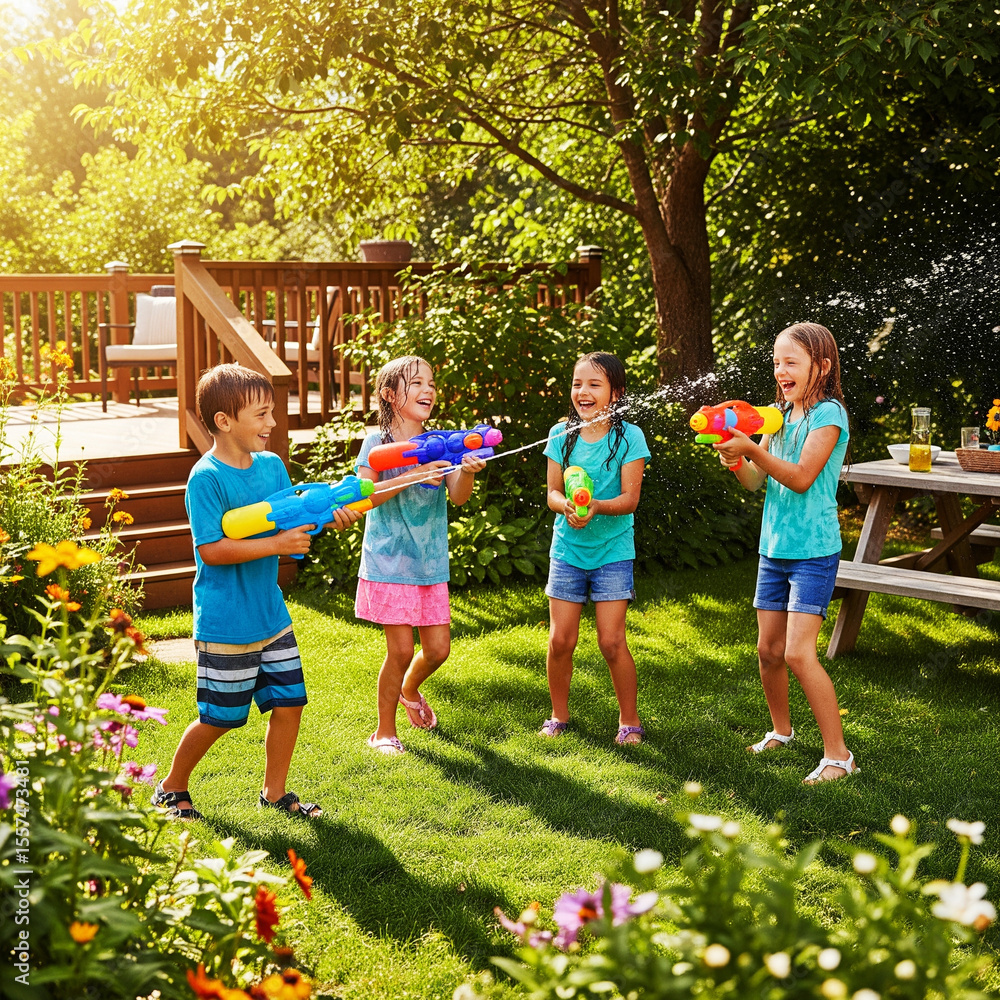Fototapeta premium Four happy children play with water guns in a sunny backyard, enjoying a summer day filled with laughter and fun