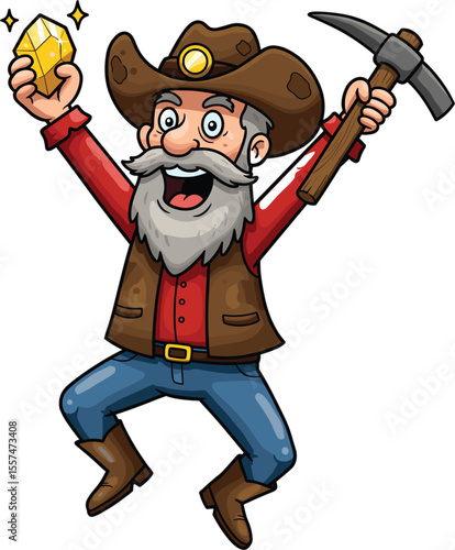 Excited Cartoon Miner Striking Gold Nugget Illustration, Happy Prospector Character with Pickaxe, Celebrating Success and Discovery, Ideal for Achievement and Wealth Concepts.