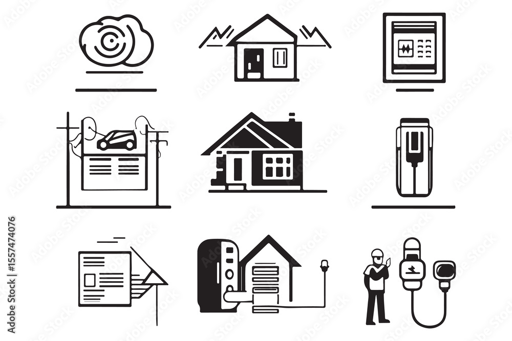 Black and white outlines depict smart home technology and energy solutions on a grid Black and white outlines depict smart home technology and energy solutions on a grid