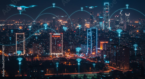 Wallpaper Mural Envisioning a connected future Drone delivery and wifi cityscape glowing with a vibrant nocturnal ambience against a Torontodigital.ca