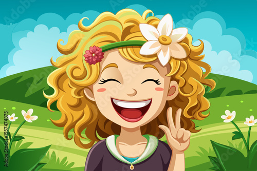vector of The curly blonde girl with a white flower on the side of her hair is laughing and showing her thumb as an ok sign. Behind him is a green field.