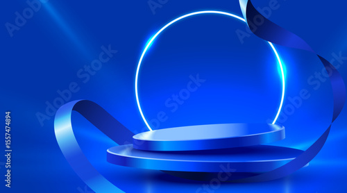 Abstract scene background. Cylinder podium background with ribbons. Product presentation, mock up. Podium, stage pedestal or platform. Vector illustration
