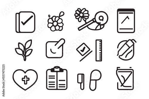 This set of minimalist line icons shows concepts related to health and medicine
