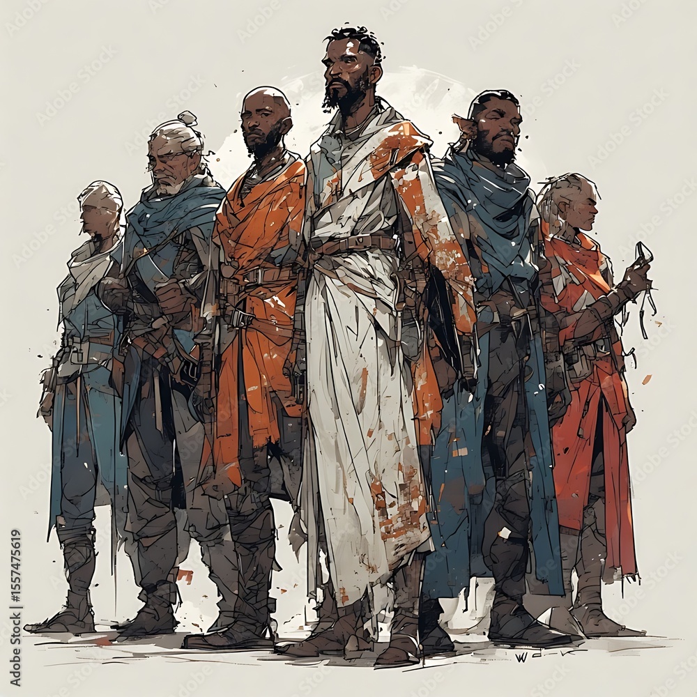 Obraz premium Brotherhood United: A diverse ensemble of stoic figures, united in purpose and resolve, stand shoulder-to-shoulder, exuding a sense of brotherhood.