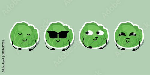 Cabbage characters in cartoon style with multiple facial expressions isolated on white background