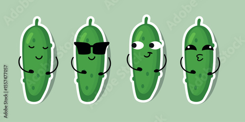 Cute cucumbers with expressive faces and green skin in flat cartoon style isolated on white background