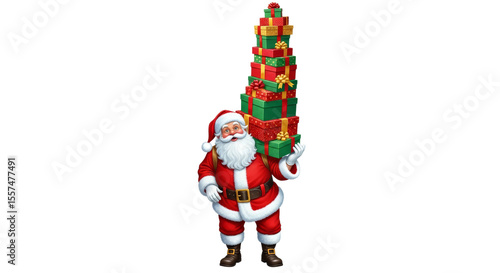 Cheerful Santa Claus balances a tall stack of brightly wrapped presents in a festive display