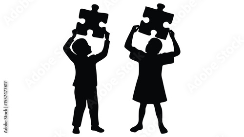 Black silhouette of children holding  pieces of a puzzle isolated on white background
