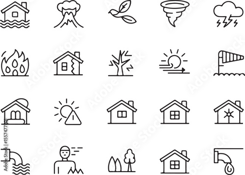 Natural Disaster Icons: A comprehensive set of line icons depicting various natural disasters, including floods, volcanoes, earthquakes, tornadoes, and wildfires.
