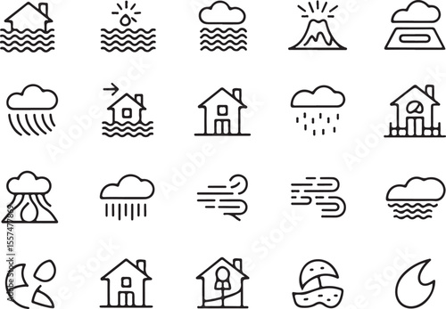 Natural Disaster Icons: A comprehensive set of minimalist line icons depicting various natural disasters, including floods, storms, earthquakes, and volcanic eruptions.
