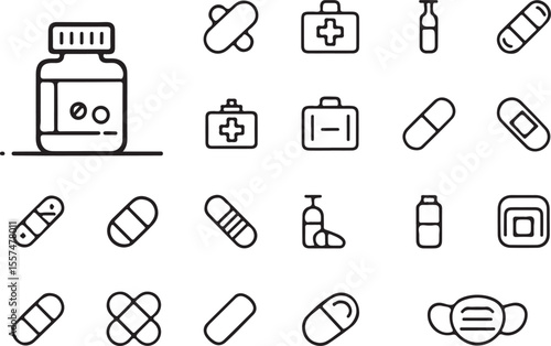 Medical Icons Array: Clean, minimalist illustration of an array of essential medical icons, perfect for health, medicine, and healthcare-related themes.