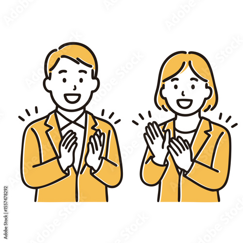 Business duo clapping with smile, minimal line art illustration