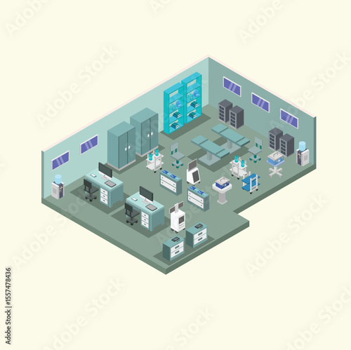 Isometric Illustration of a Modern Medical Laboratory Clean Room Design, Advanced Equipment, and Efficient Workflow