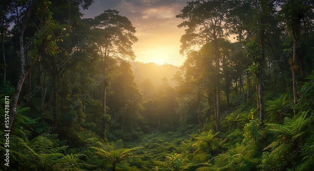 Obraz premium Golden sun rays pierce through the misty forest, painting the landscape in vibrant autumn hues