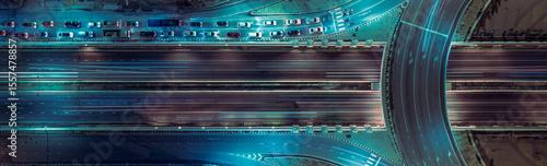 Expressway, Self-driving autonomous electric cars of the future with elements move along a busy traffic intersection. Artificial Intelligence, Car Scan, GPS Tracking, Smart Roads, IoT, highway