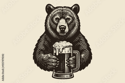 Bear holding beer mug woodcut style vector illustration

