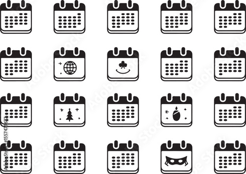 Calendar Variety: A collection of calendar icons, each representing different occasions and time-related concepts, designed in a minimalistic style with focus on shape and form.