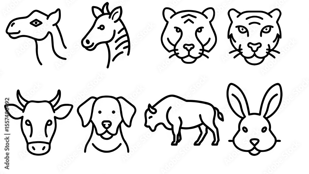 Elegant Line Art Animals: Horse, Zebra, Lion, Dog, Cat, Buffalo, Cow — Minimalist Monoline Vector Collection Elegant Line Art Animals: Horse, Zebra, Lion, Dog, Cat, Buffalo, Cow — Minimalist Monoline Vector Collection