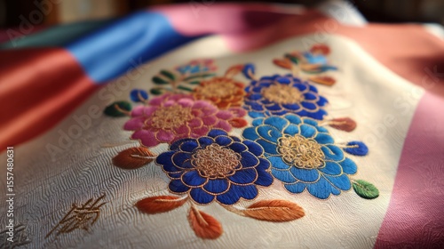 Vibrant taegeuk-patterned hanbok with chrysanthemum embroidery, symbolizing Korean heritage and autumn's dignity.
