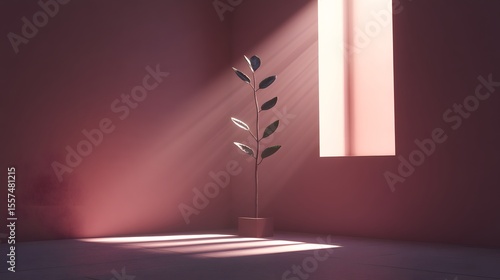 Minimalist Plant in Pink Room Sunlight, AI Generated Art