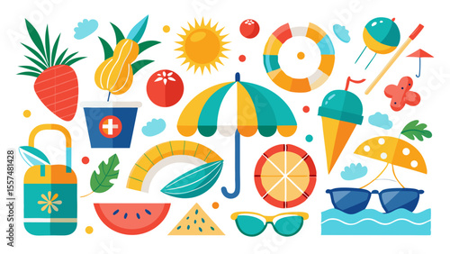 A vibrant collection of summer icons is isolated on white background, featuring tropical fruits, beach accessories, and refreshing drinks, creating a cheerful and playful mood