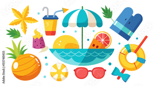 A cheerful collection of summer icons is isolated on white background, depicting tropical fruits, beach accessories, and refreshing drinks, creating a bright and playful mood