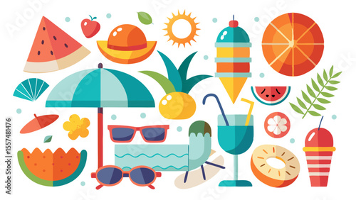 A lively collection of summer icons is isolated on white background, featuring tropical fruits, beach accessories, and refreshing drinks, creating a fun and vibrant mood
