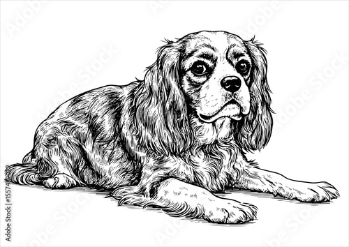 Cavalier King Charles Spaniel pet portrait engraving intricate retro hand drawn style line art black and white vector illustration, isolated on white background