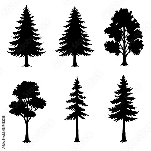 Wallpaper Mural Collection of  Simple Black Silhouette Tree Icons set:  Pine, Fir, and Deciduous Trees, Isolated on White Background. Torontodigital.ca