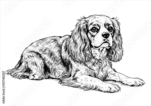 Cavalier King Charles Spaniel pet portrait engraving intricate retro hand drawn style line art black and white vector illustration, isolated on white background